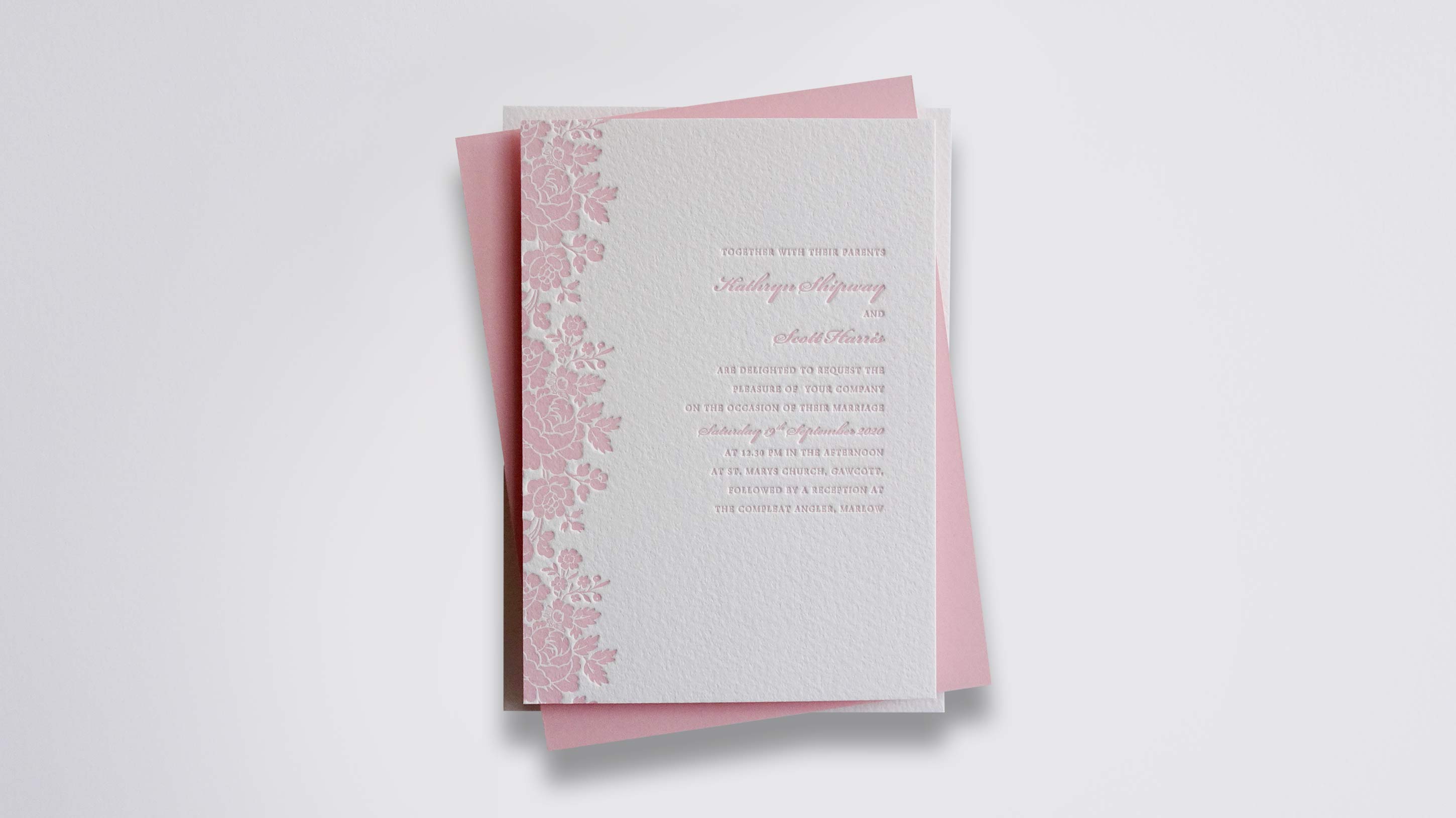 Anna letterpress wedding stationery with Peony ink on Warm White board
