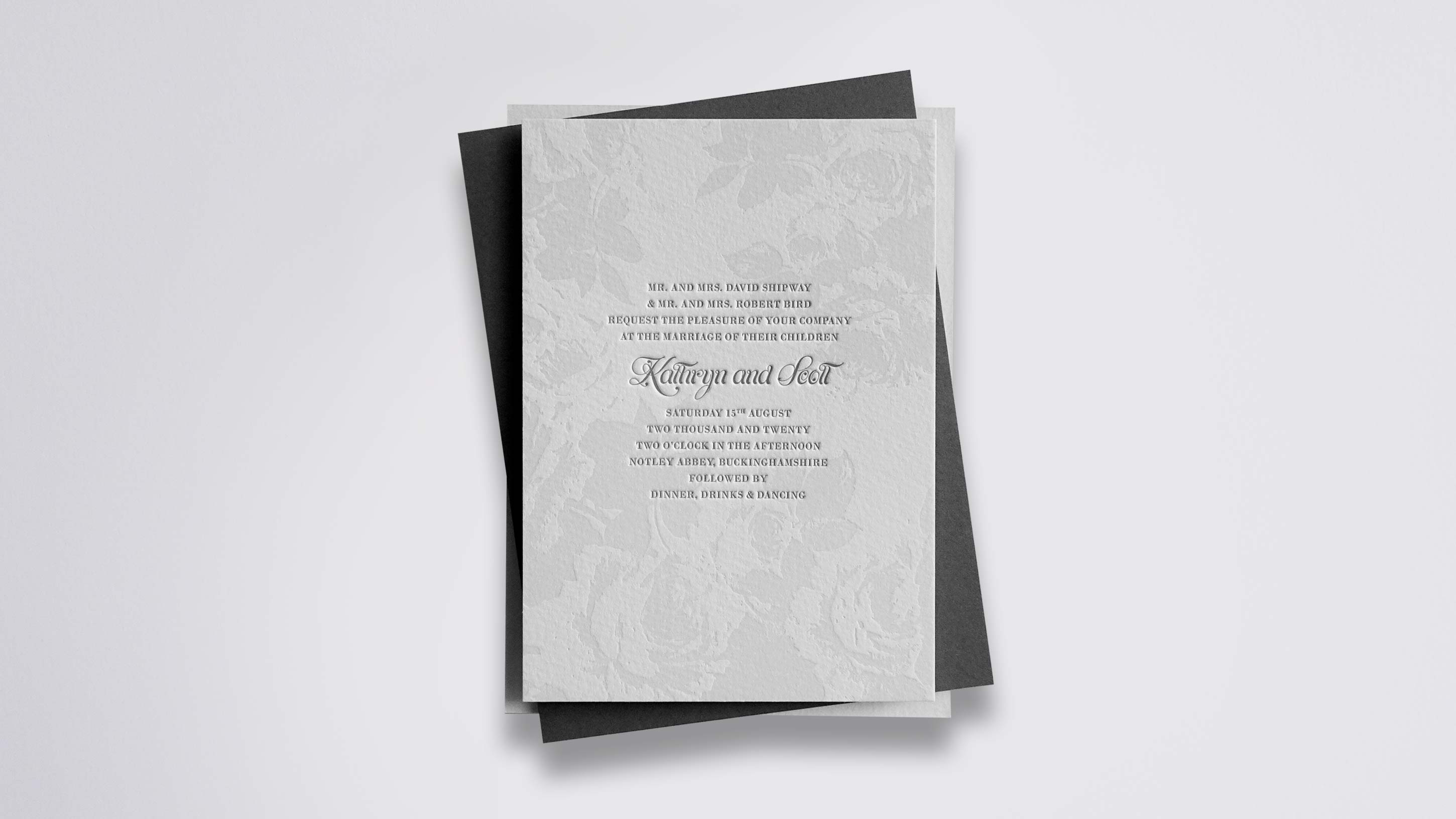 Annabelle letterpress wedding stationery with Oyster & Charcoal ink on Warm White board