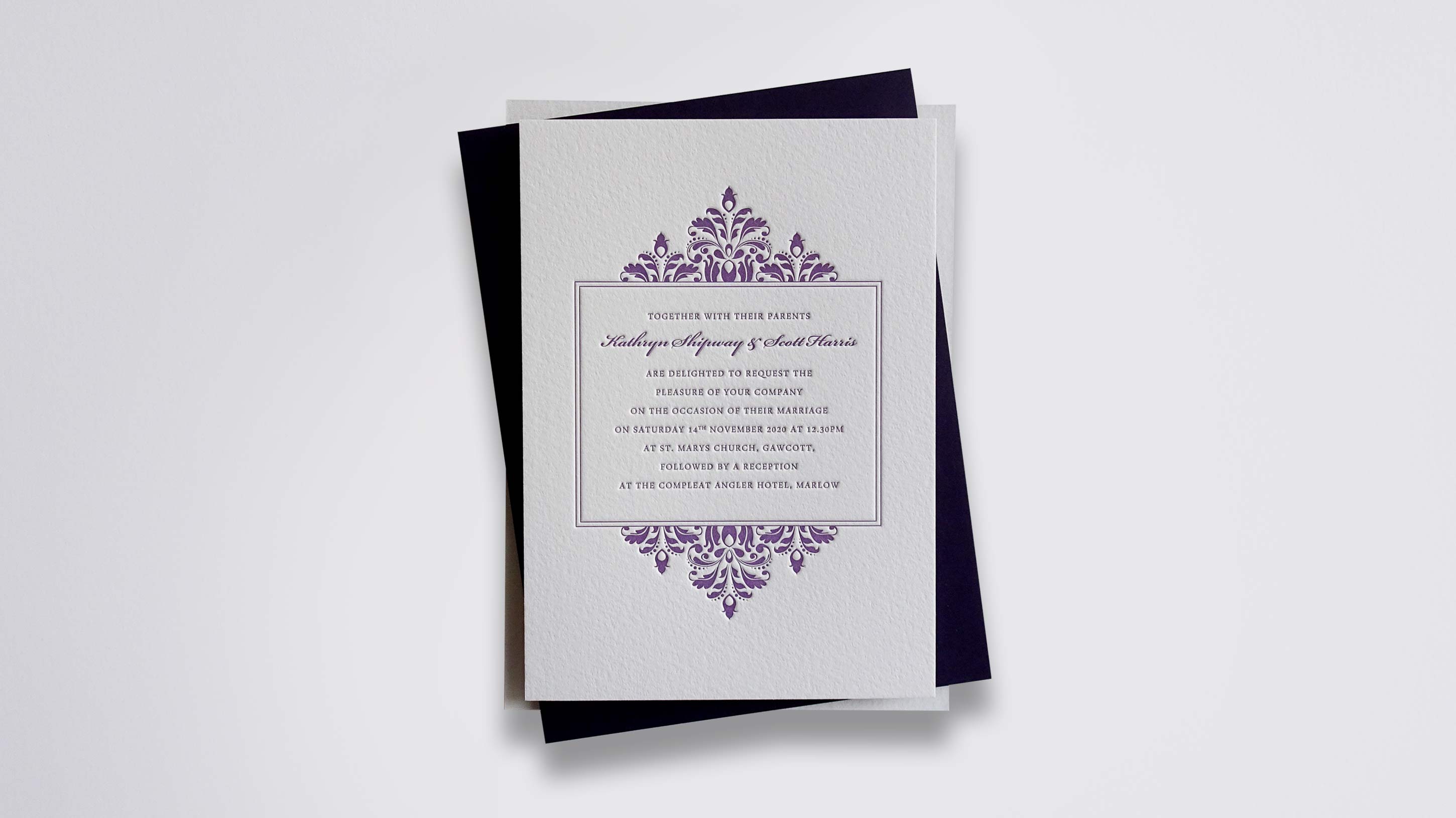 Audrey letterpress wedding stationery with Damson ink on Warm White board