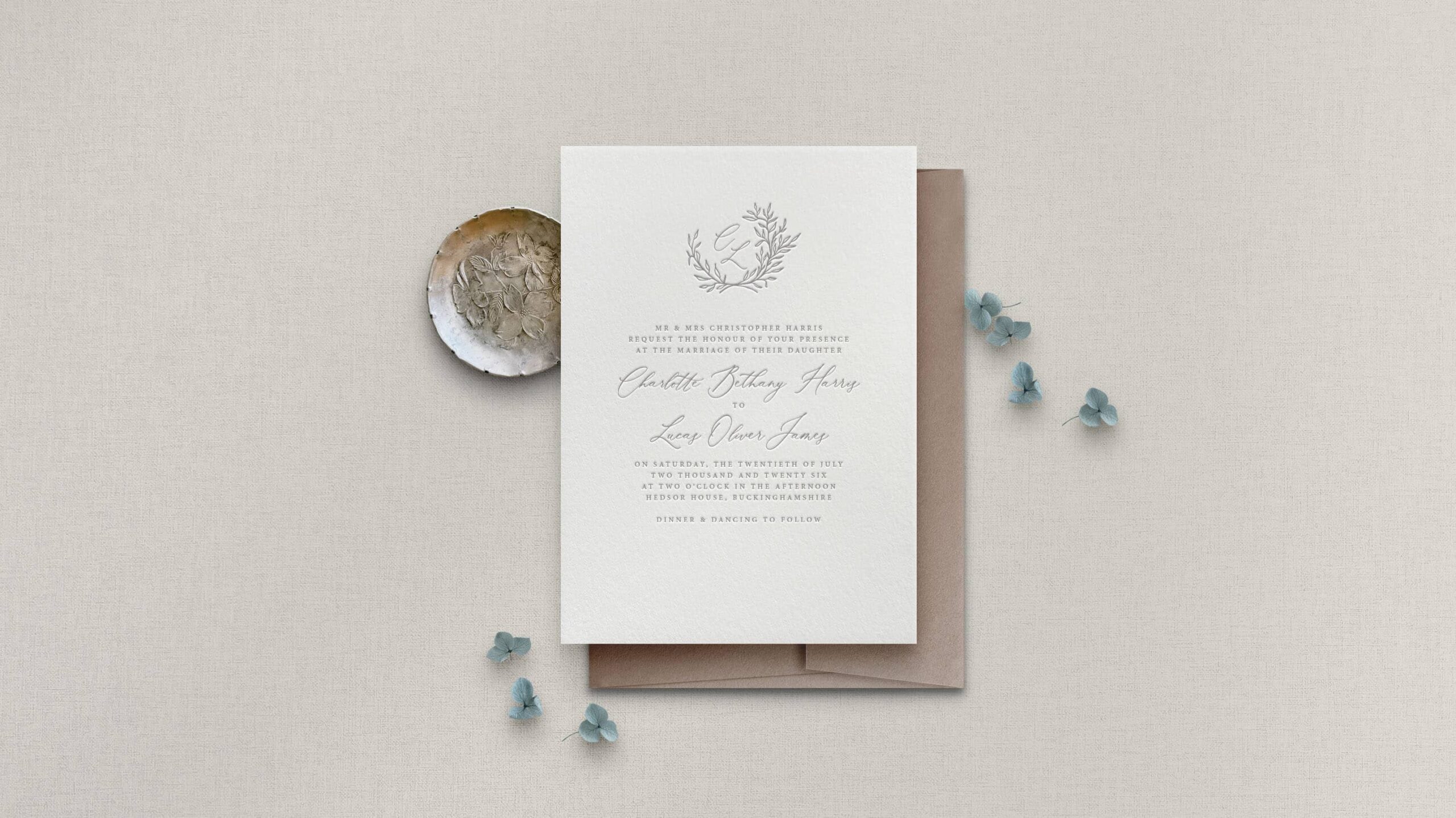 Bethany letterpress wedding stationery with Parchment ink on Warm White board