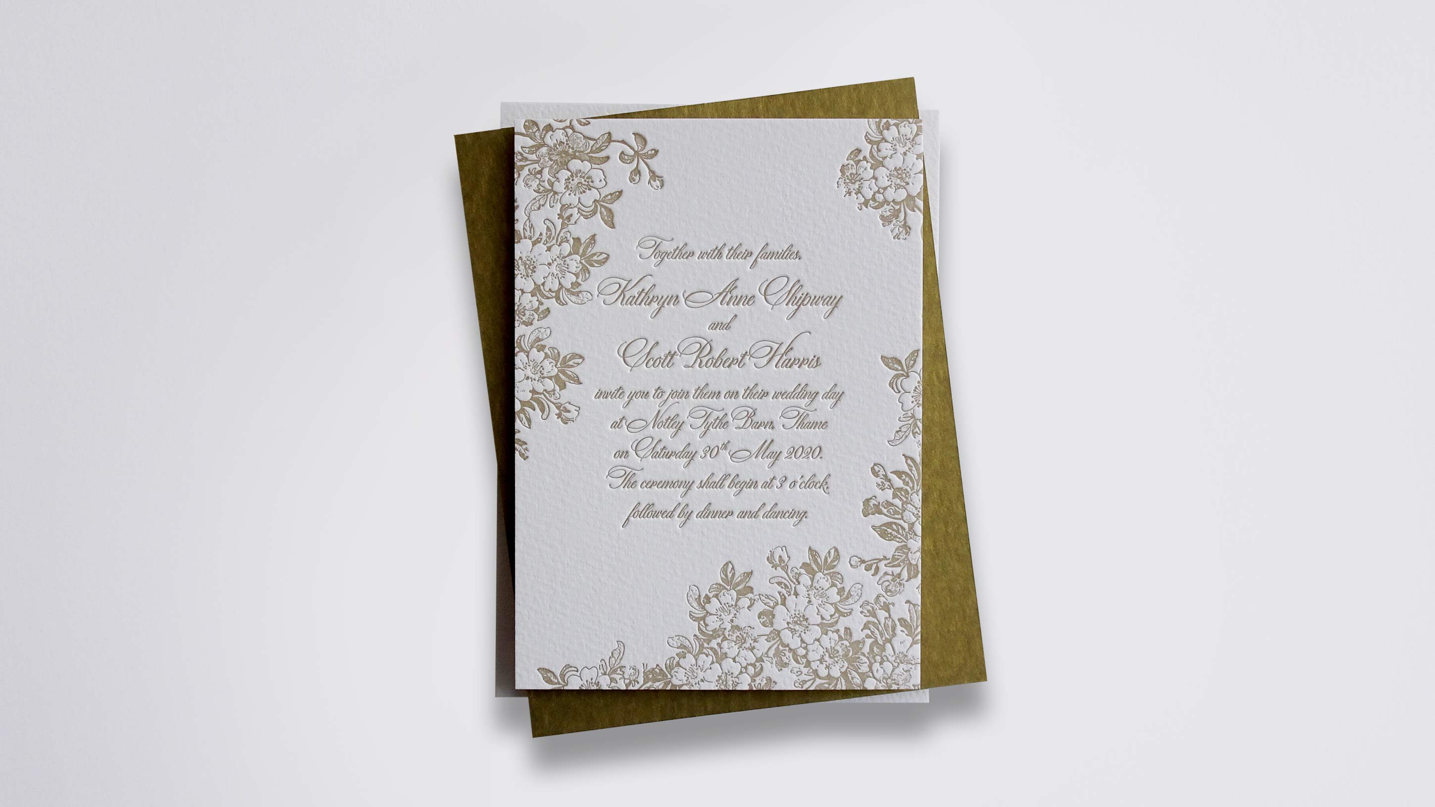 Blossom letterpress wedding stationery with Matte Gold ink on Warm White board