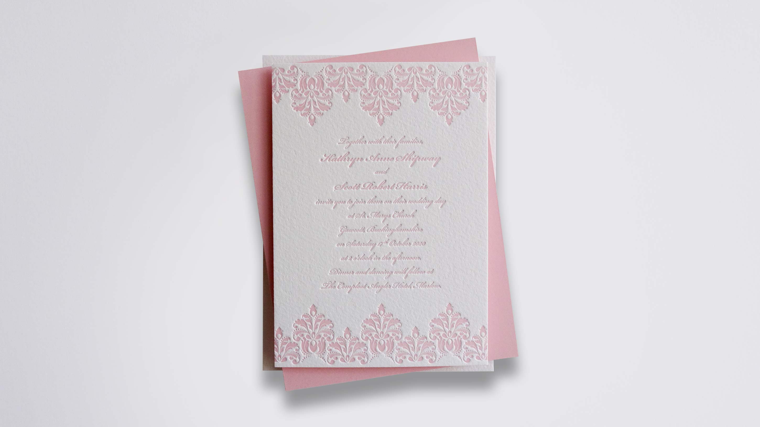 Charlotte letterpress wedding stationery with Peony ink on Warm White board