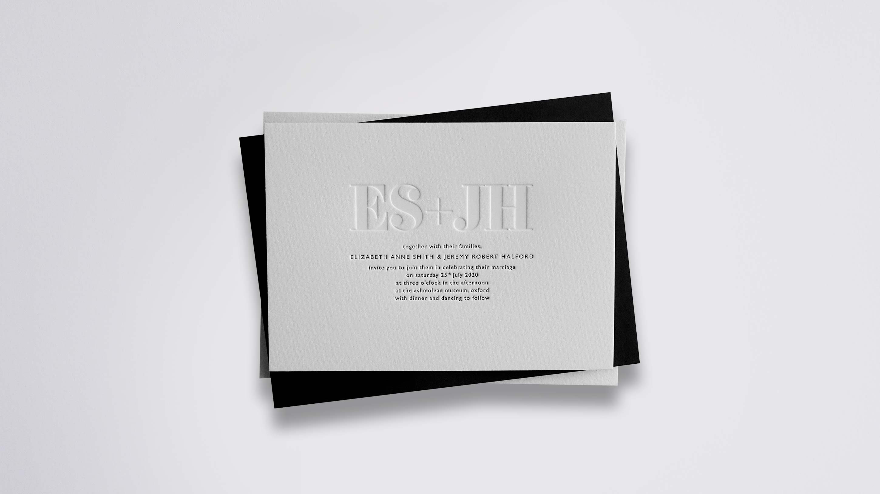Ella letterpress wedding stationery with Black & Blind letterpress detail on Warm White board