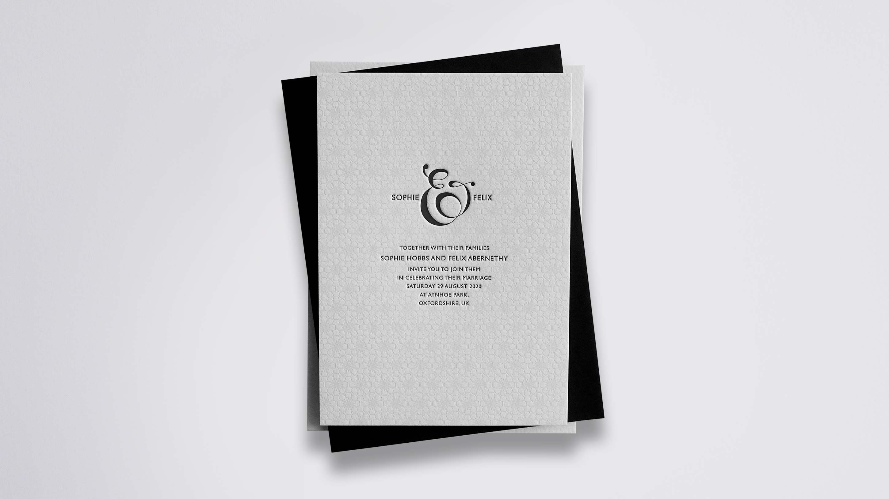 Eve letterpress wedding stationery with Black & Oyster ink on Warm White board