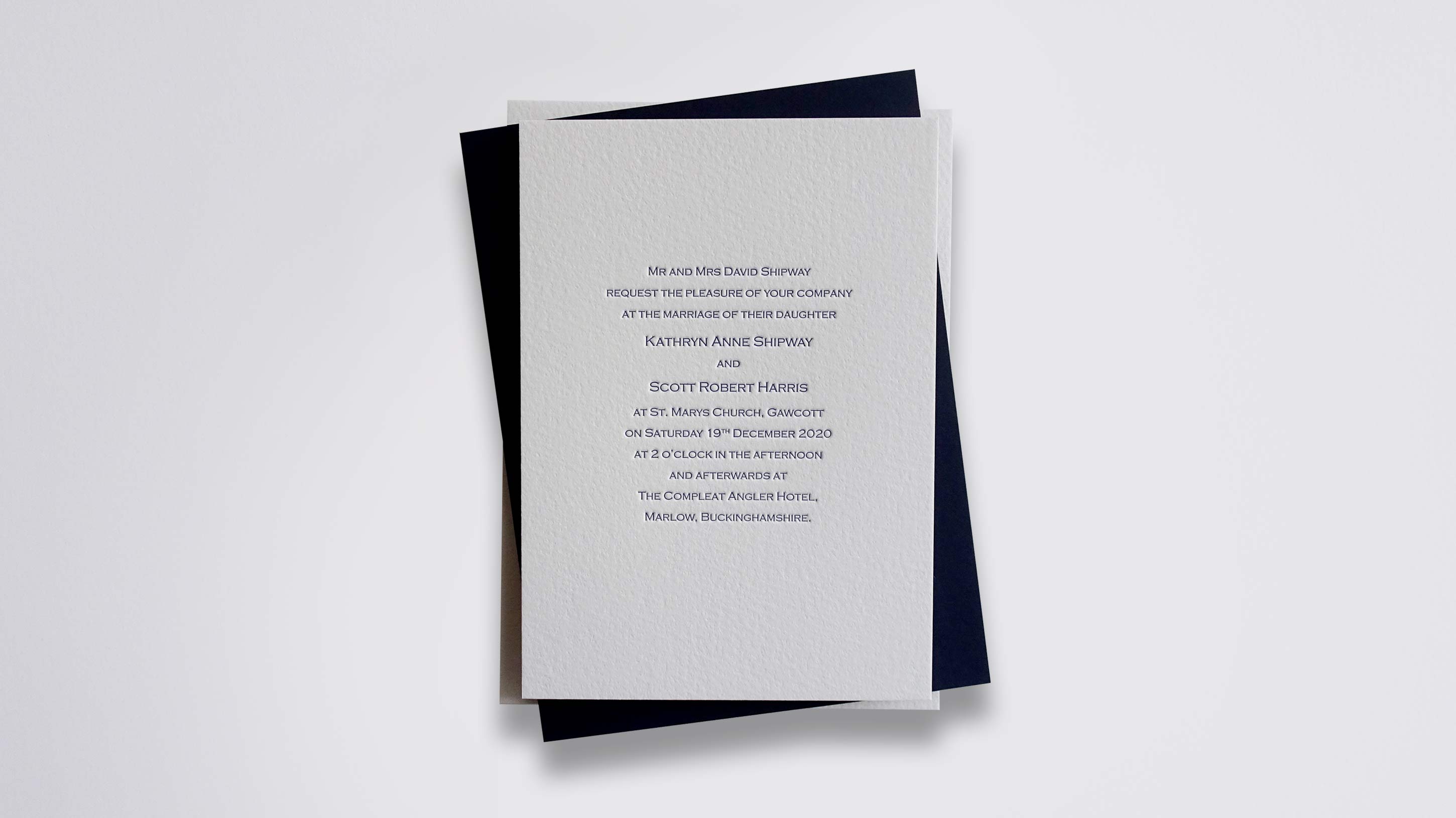 Grace letterpress wedding stationery with Midnight ink on Warm White board