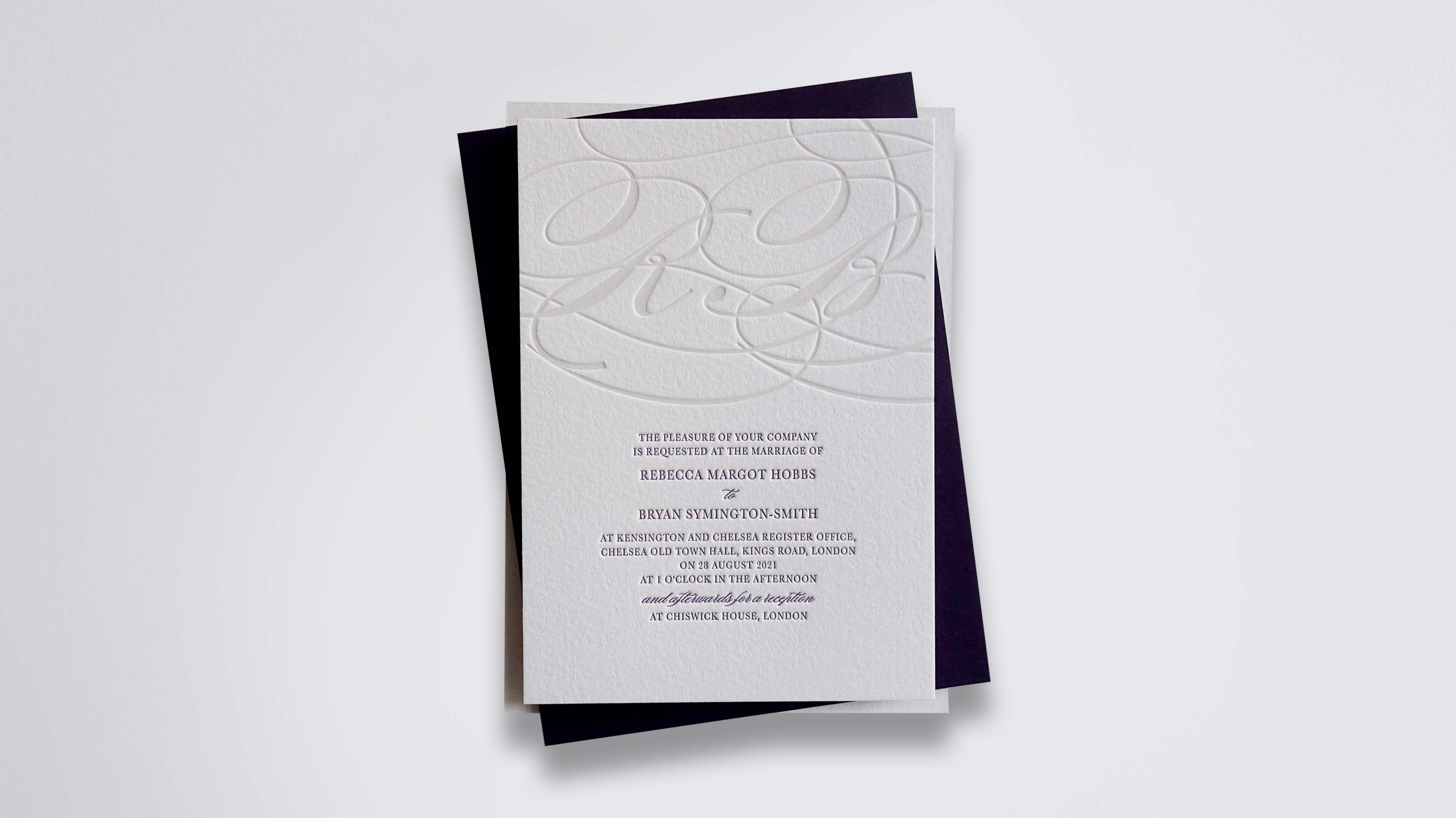 Imogen letterpress wedding stationery with Oyster & Damson ink on Warm White board
