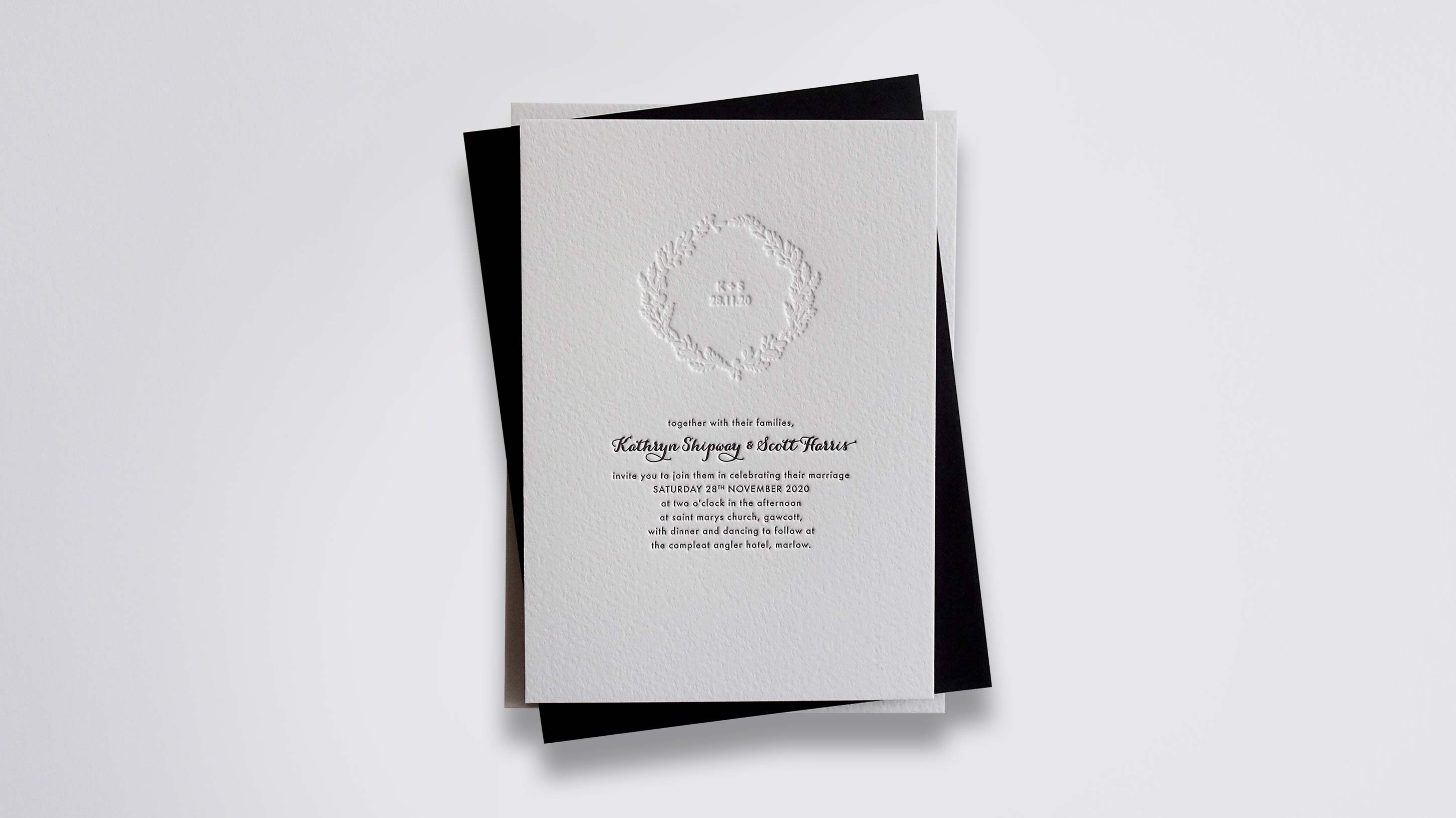 Isabelle letterpress wedding stationery with Black & Blind letterpress detail on Warm White board