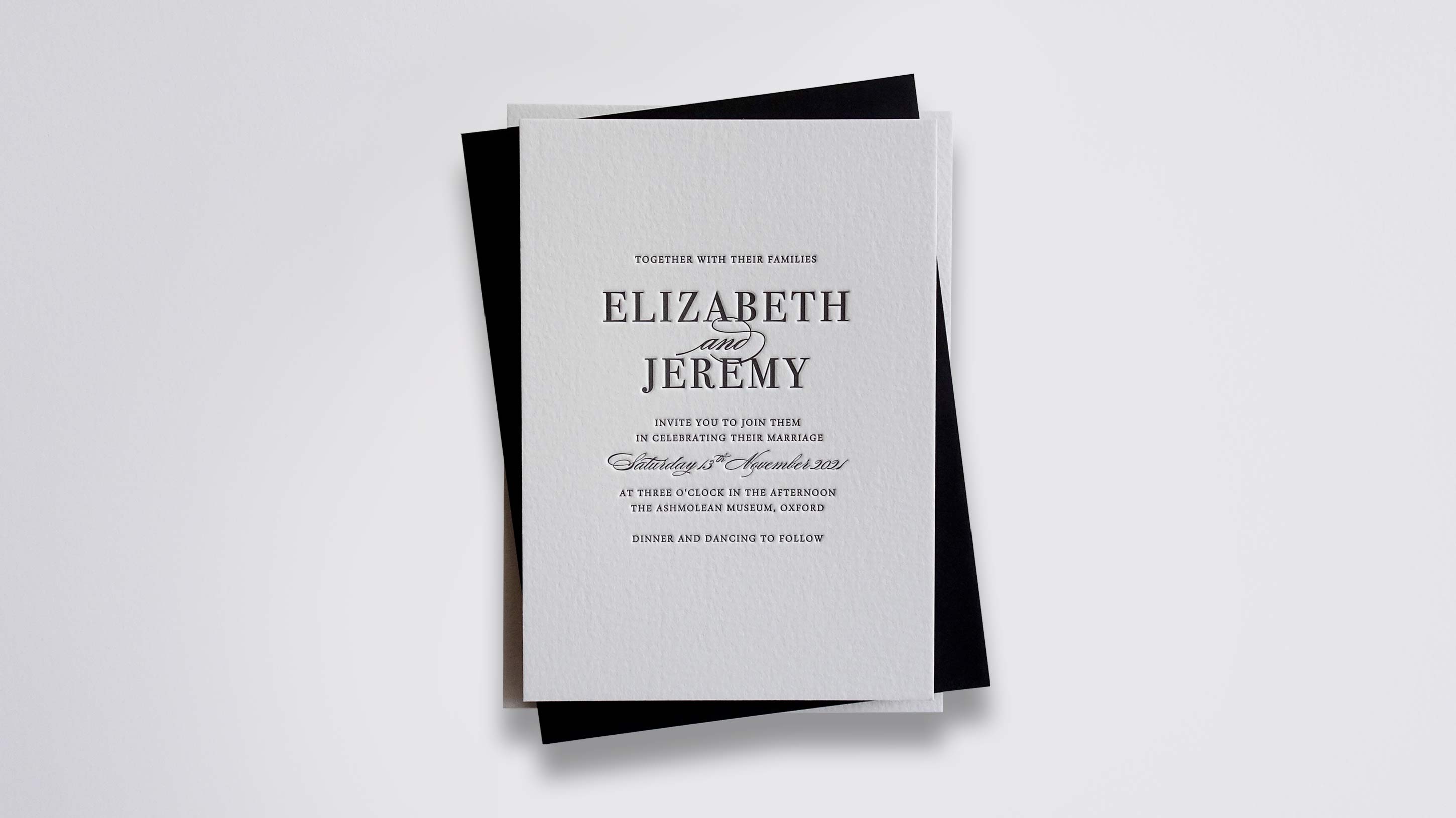 Jade letterpress wedding stationery with Black ink on Warm White board