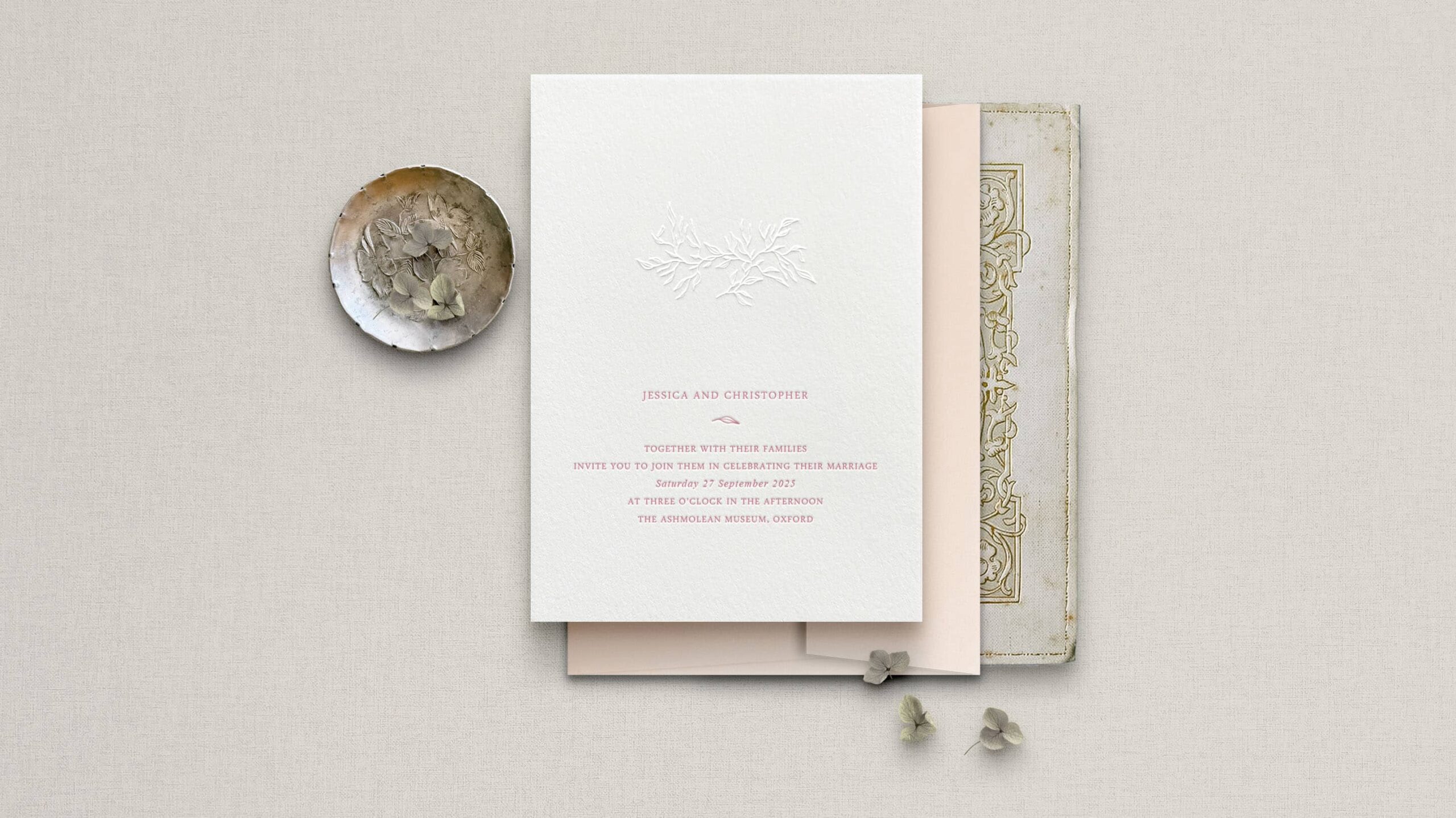 Jessica letterpress wedding stationery with Macaroon & Blind letterpress detail on Warm White board