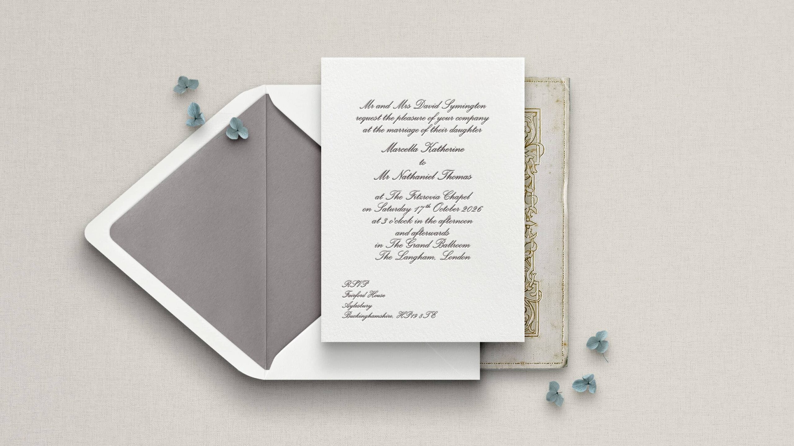 Juliet letterpress wedding stationery with Black ink on Warm White board