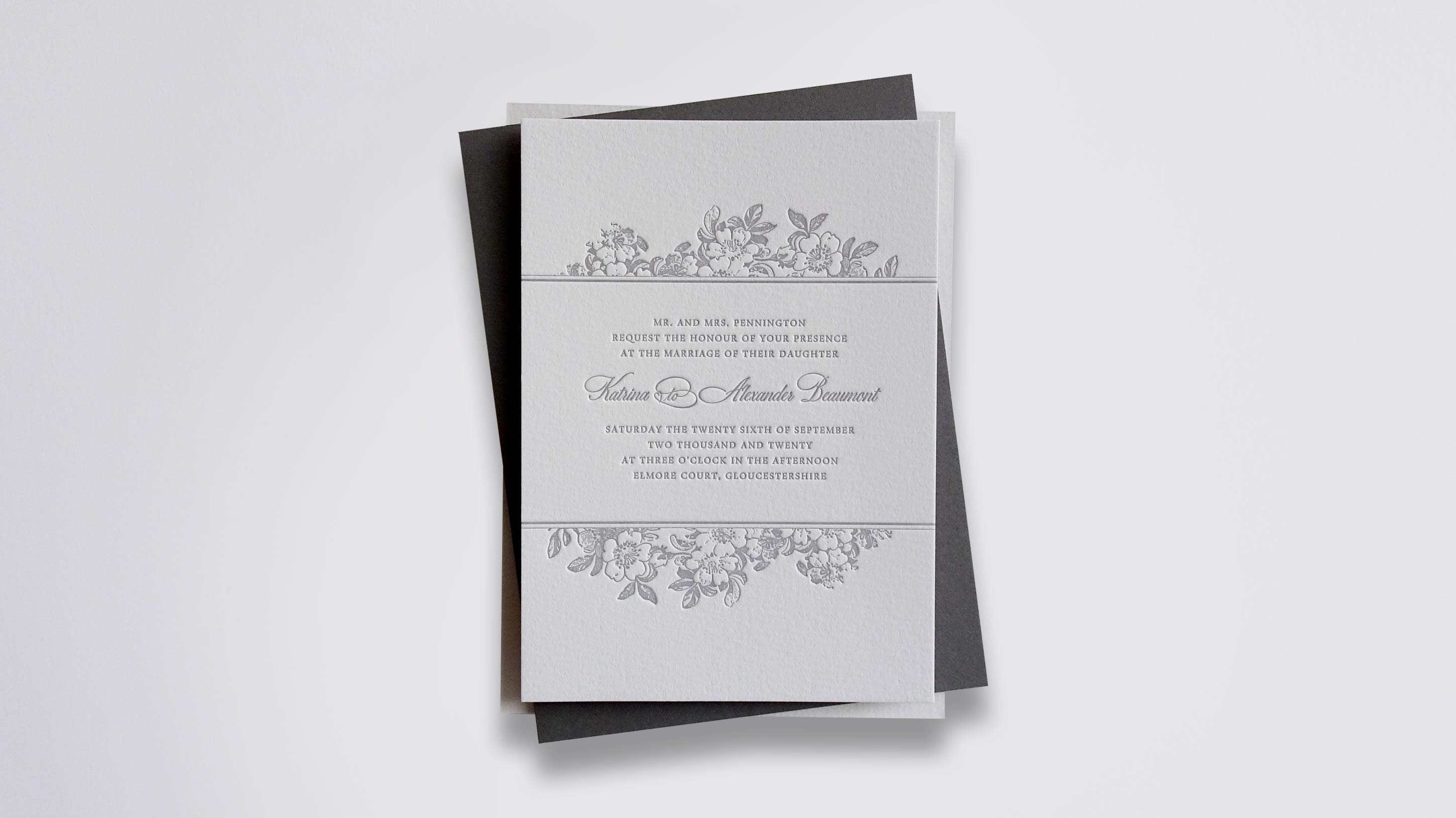 Katrina letterpress wedding stationery with Parchment ink on Warm White board