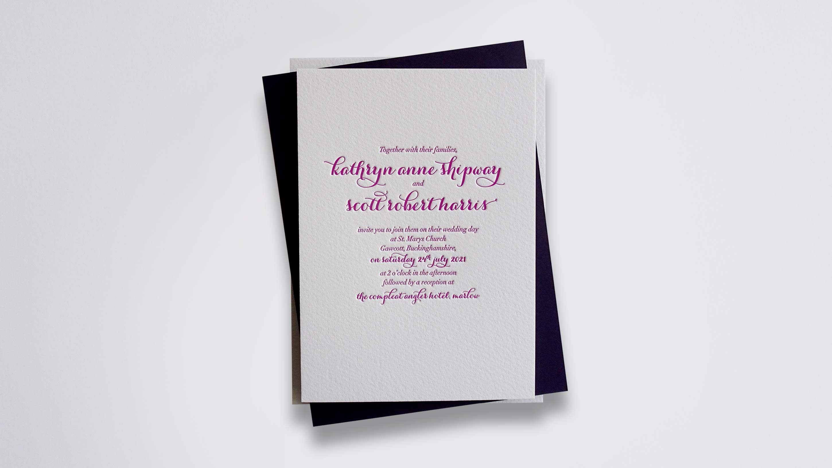 Lucy letterpress wedding stationery with Bubblegum ink on Warm White board