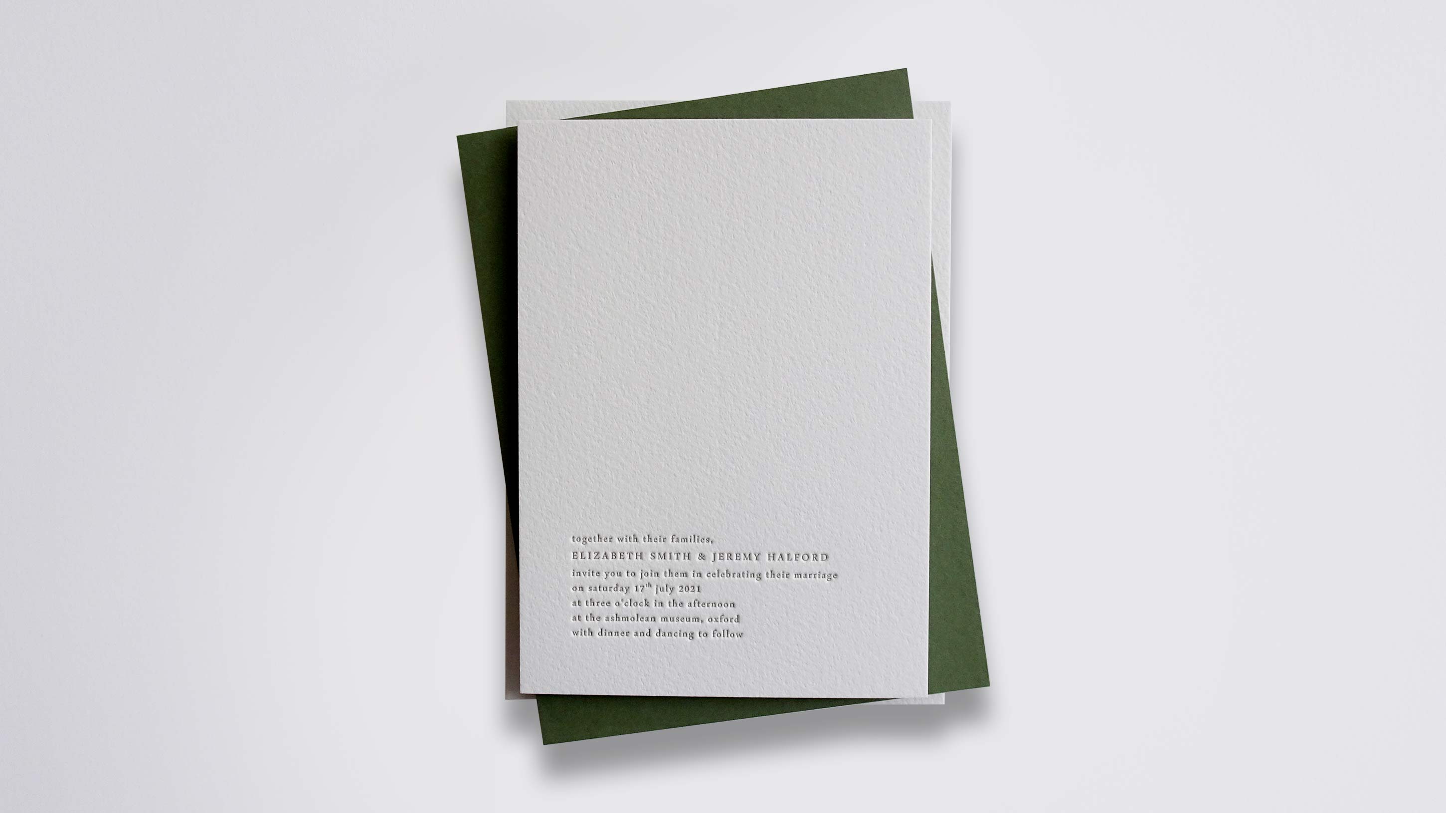 Madeleine letterpress wedding stationery with Olive ink on Warm White board