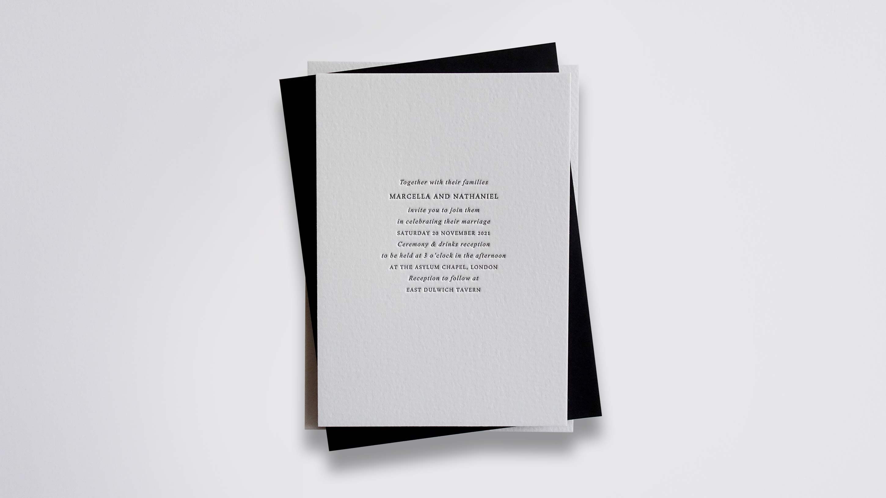 Marcella letterpress wedding stationery with Black ink on Warm White board