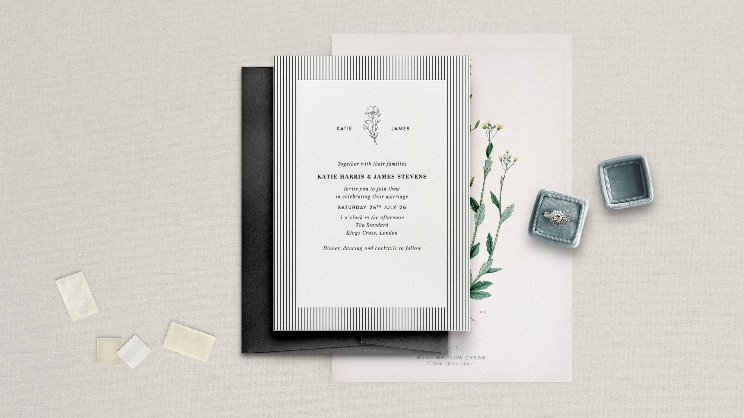 Matilda letterpress wedding stationery with Black ink on Warm White board