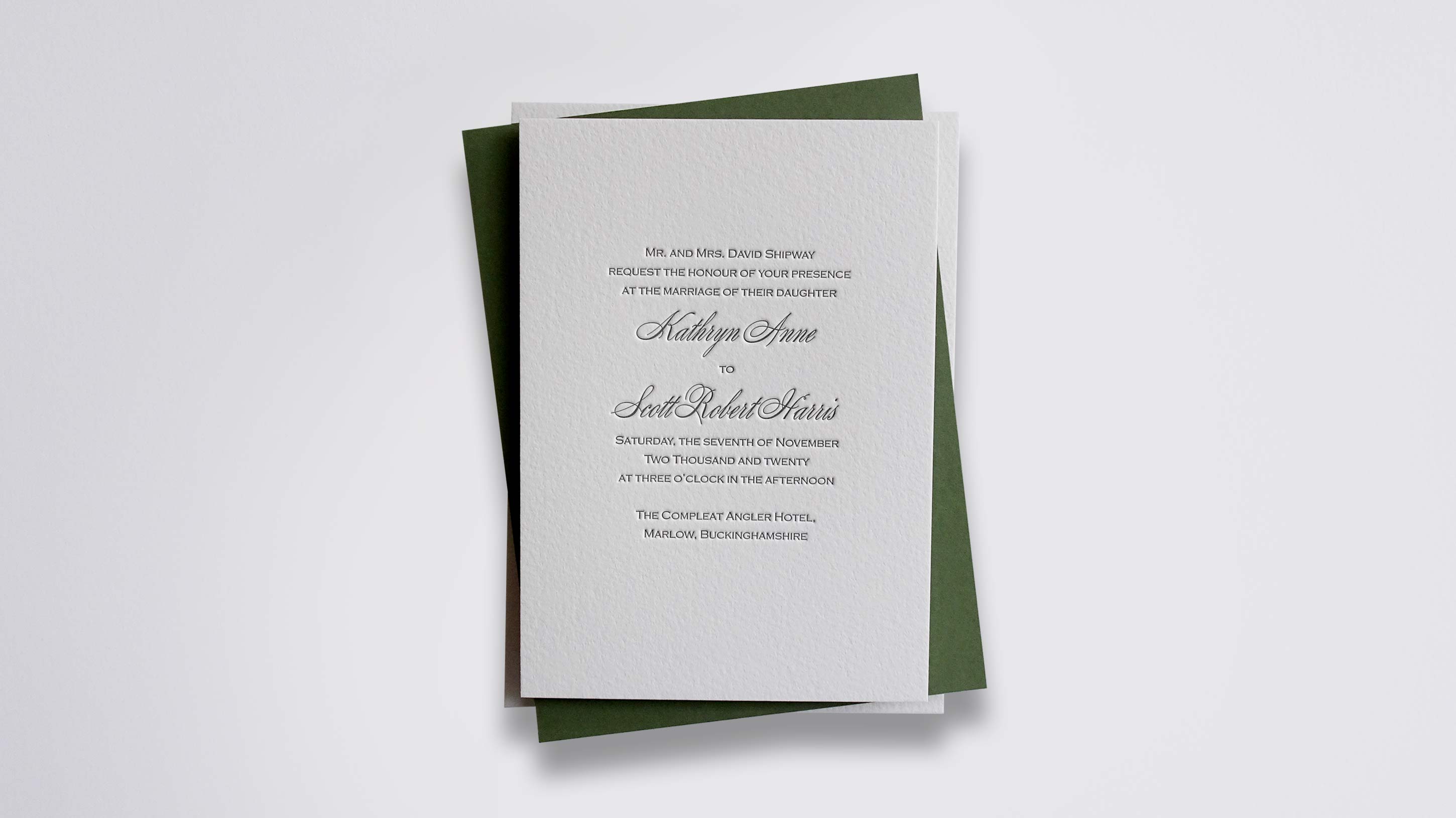 Rosie letterpress wedding stationery with Hunter Green ink on Warm White board