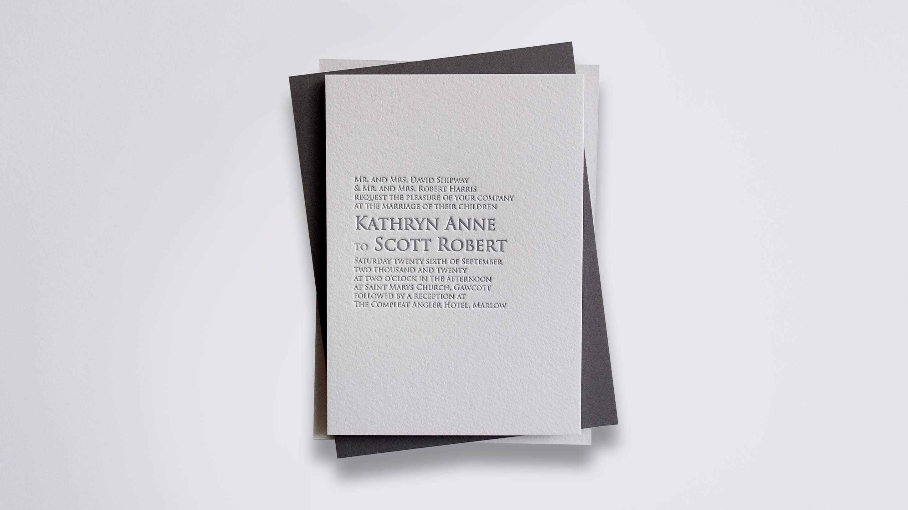 Sophie letterpress wedding stationery with Charcoal ink on Warm White board