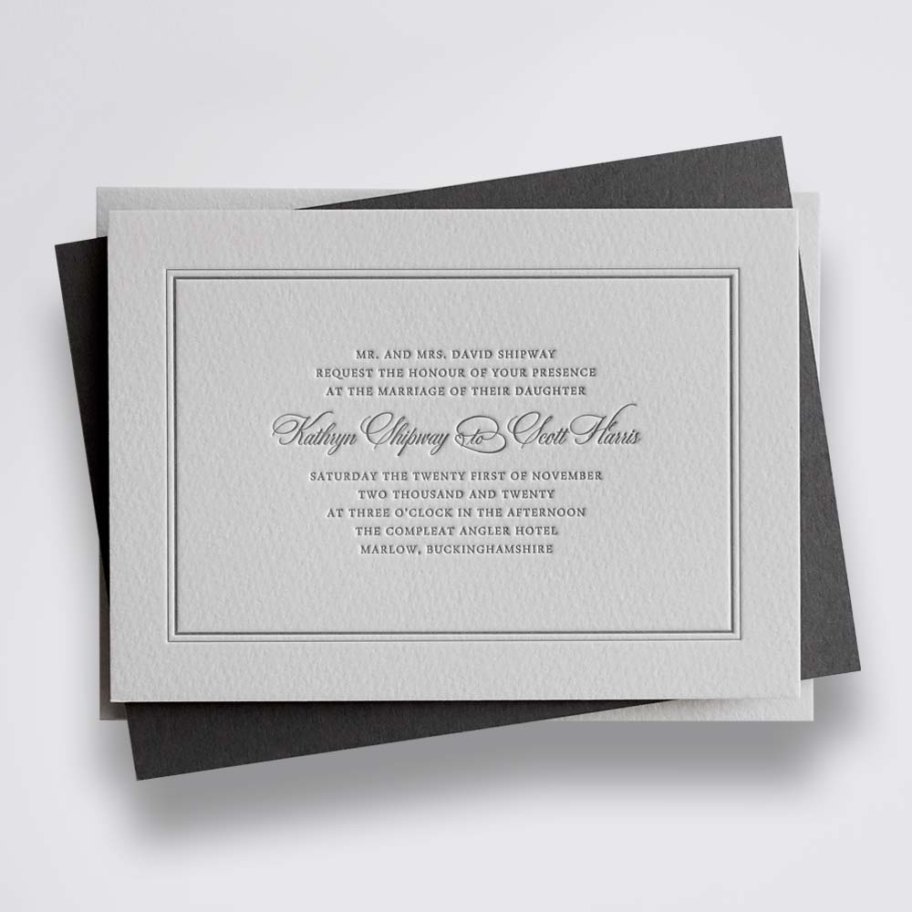 Harriet grey traditional letterpress wedding invitation with border